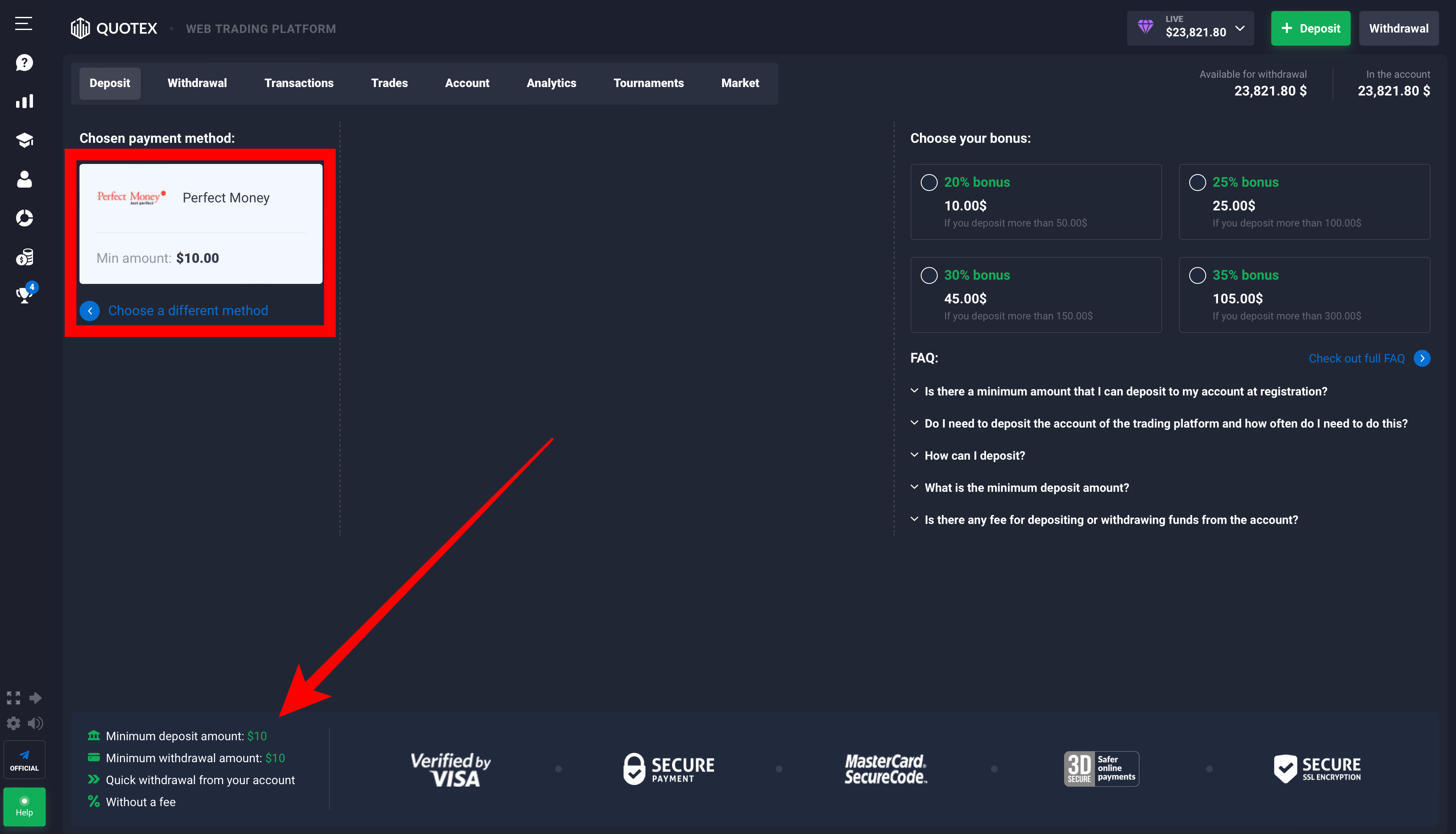 The  minimum deposit on the Quotex platform